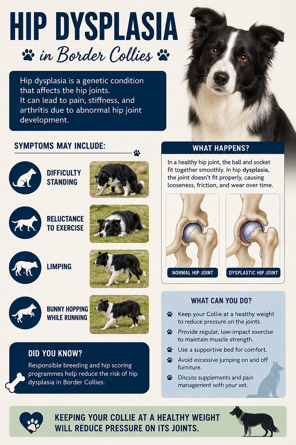 An info picture on hip dysplasia in Border Collies