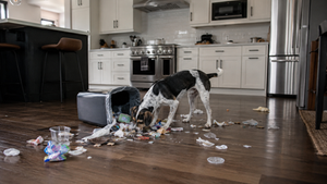 a dog scavenging through a kitchen bin