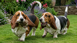 2 Basset Hounds playing in a garden