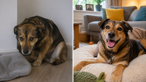 A timid dog on the left of the photo versus the same dog on the right once it has settled in at its new home