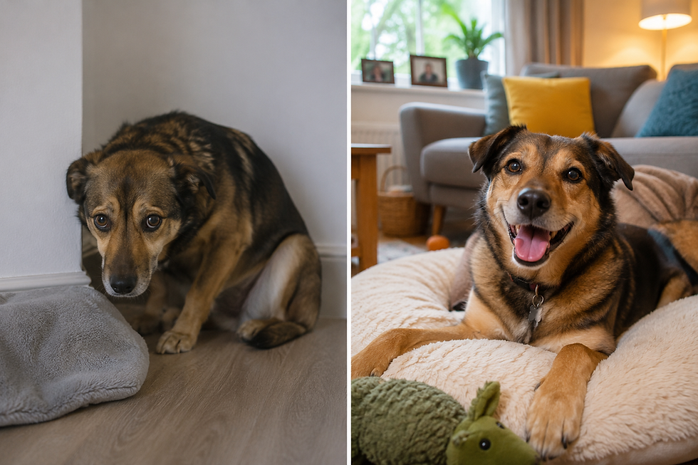 A timid dog on the left of the photo versus the same dog on the right once it has settled in at its new home