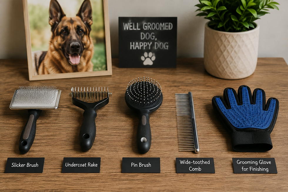 A selection of equipment used to groom a German Shepherd