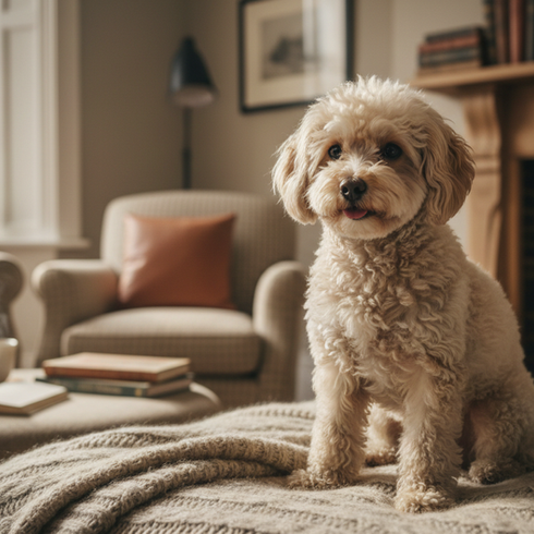 A toy dog sitting on the sofa