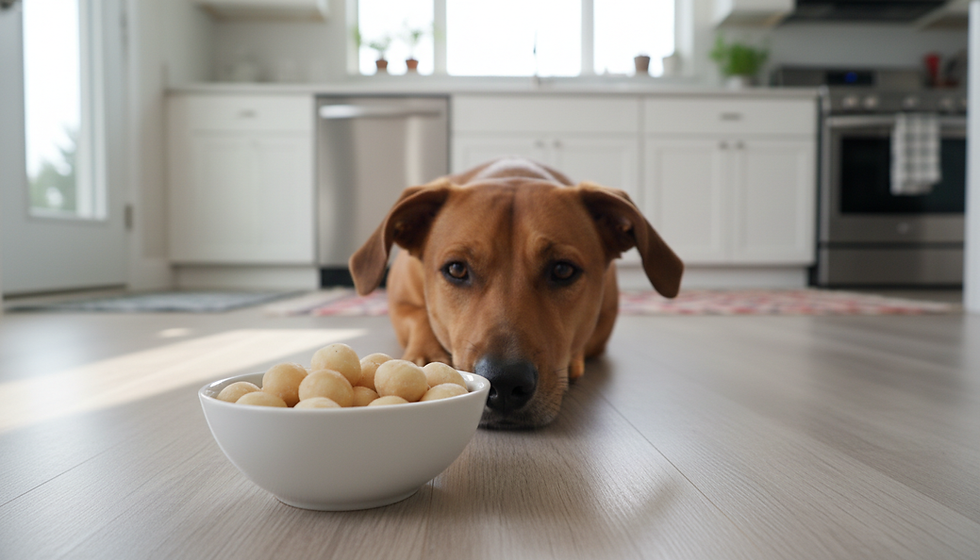 a dog staring at a bowl of macadamia nuts