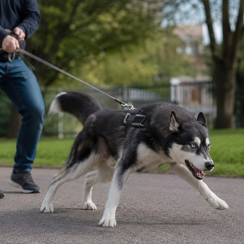 A dog pulling on a leash