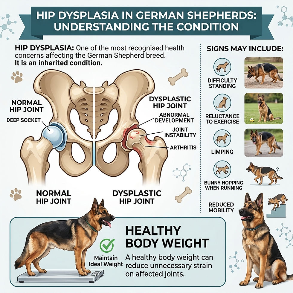 An info picture on hip dysplasia in German Shepherds