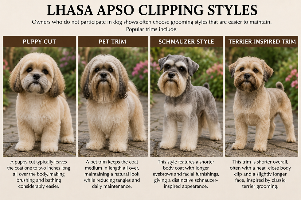 Examples of different clipping styles for a Lhasa Apso dog.