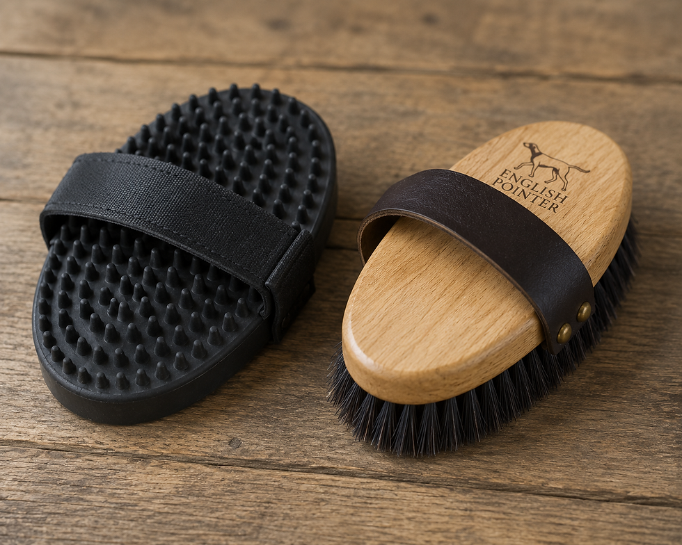 a rubber curry brush and a bristle brush. Used to groom English Pointer Dogs
