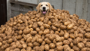 A dog popping its head out of the top of pile of fresh potatoes