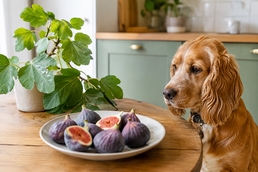a spaniel staring at a plate of fresh figs on a kitchen table