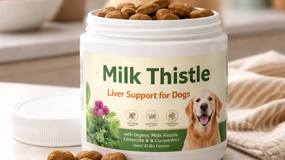 a jar of Milk Thistle for Liver Support in dogs, sat on a kitchen table