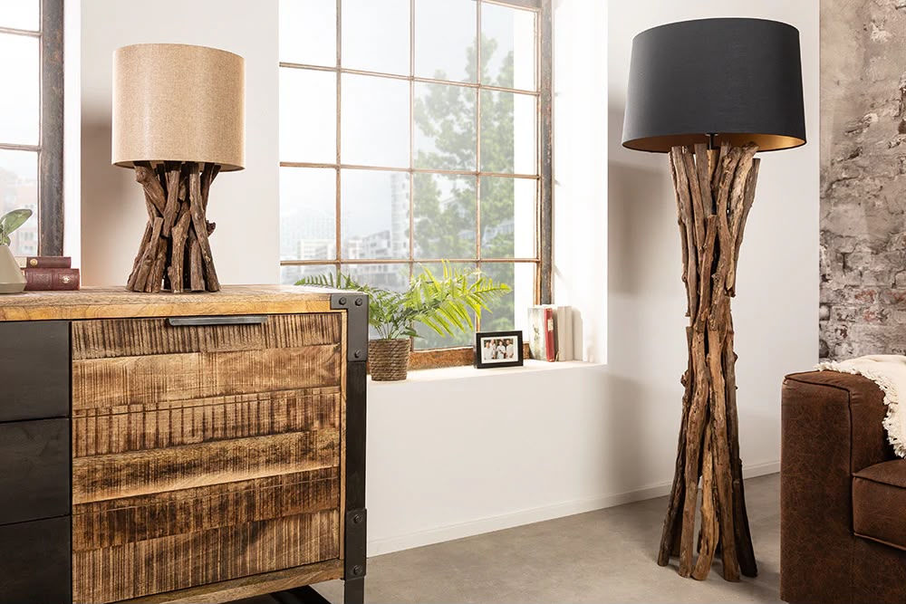 Lampe à poser Évoque Nature 50 cm – Bois de Teck & Abat-jour en Lin Beige