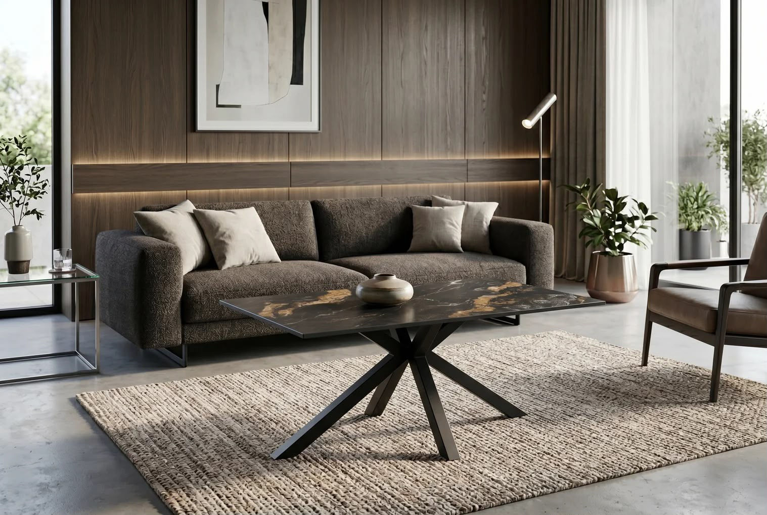 Table basse GALAXIE 100 cm avec piètement en étoile – noir, or et sable