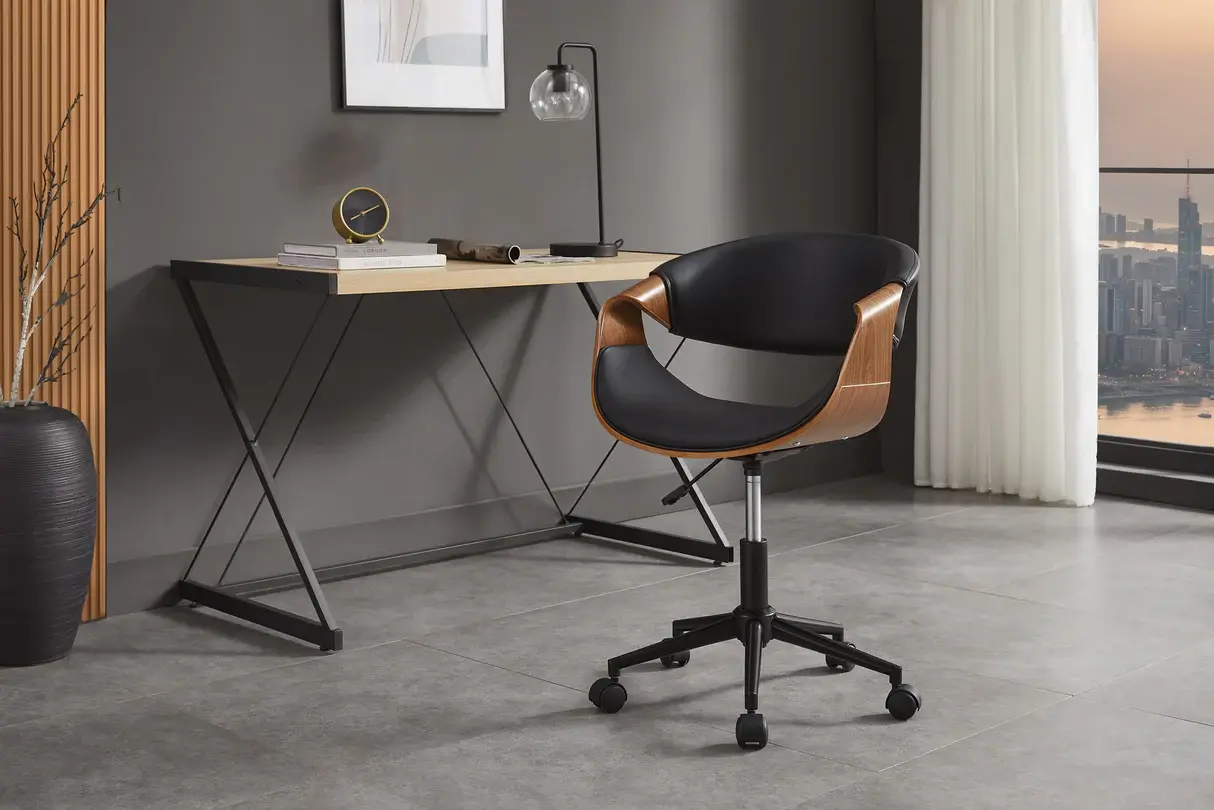 CHAISE DE BUREAU ORGANIQUE ROTATIVE EN CUIR ARTIFICIEL NOIR ET ASPECT BOIS NOYER