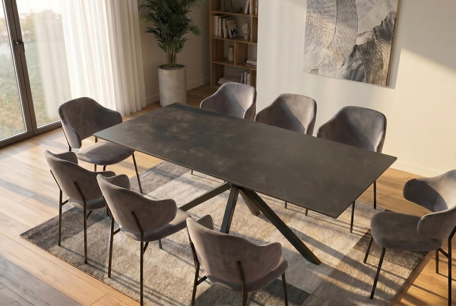 Table à manger GALAXIE 160 cm avec piètement en étoile – céramique gris