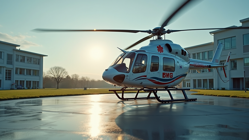 Eye-level view of a medical helicopter parked on a hospital helipad