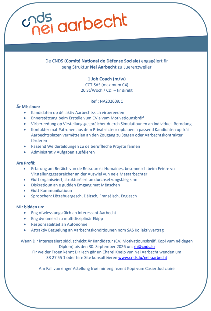 Nei Aarbecht - 1 Job Coach (m/w)