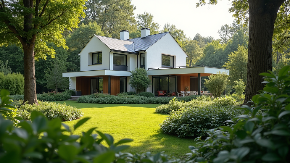 Eye-level view of a modern house with a well-maintained garden