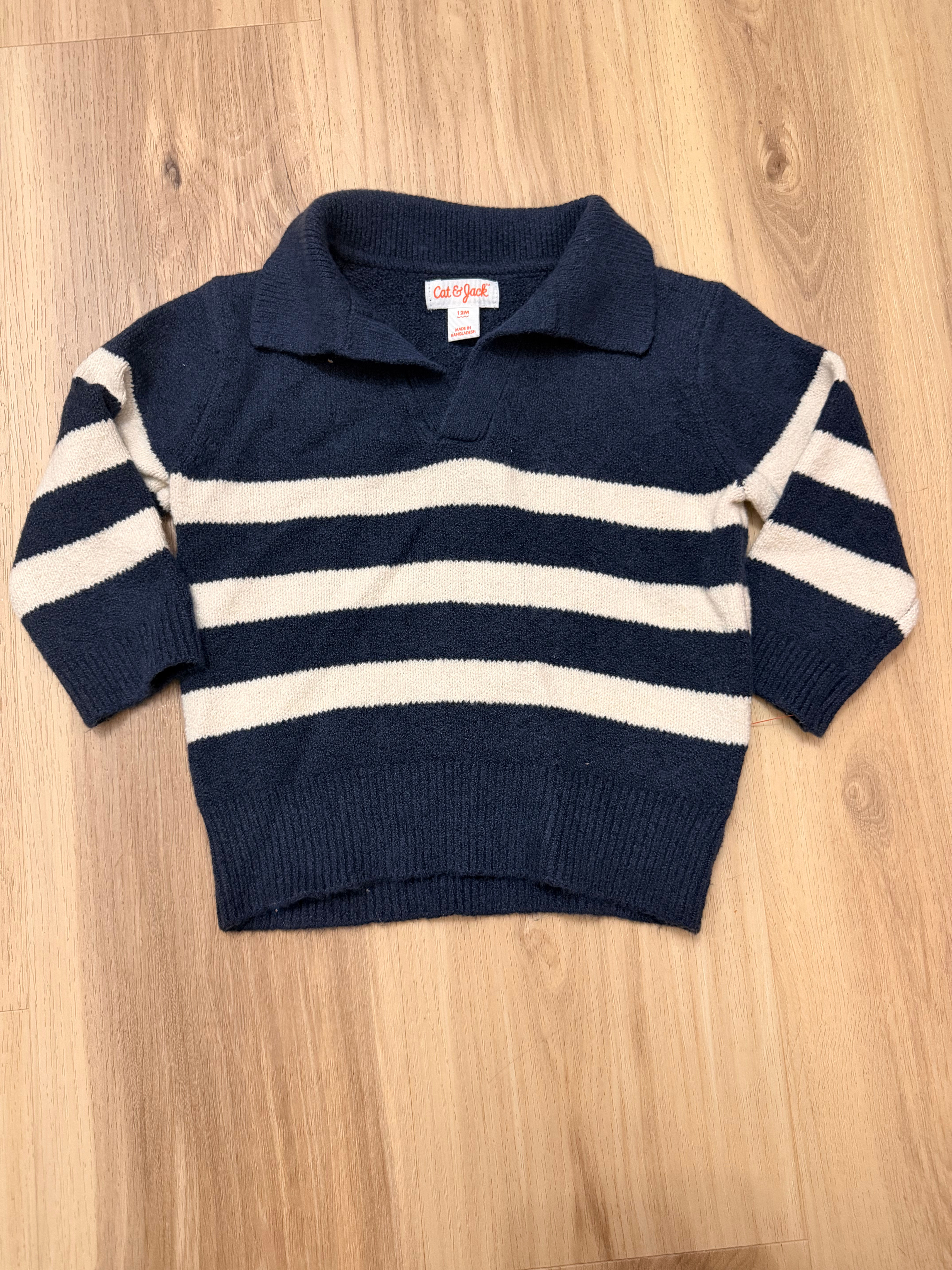 Cat & Jack Baby Boy Cream and Navy V-neck Collard Sweater (12 month)