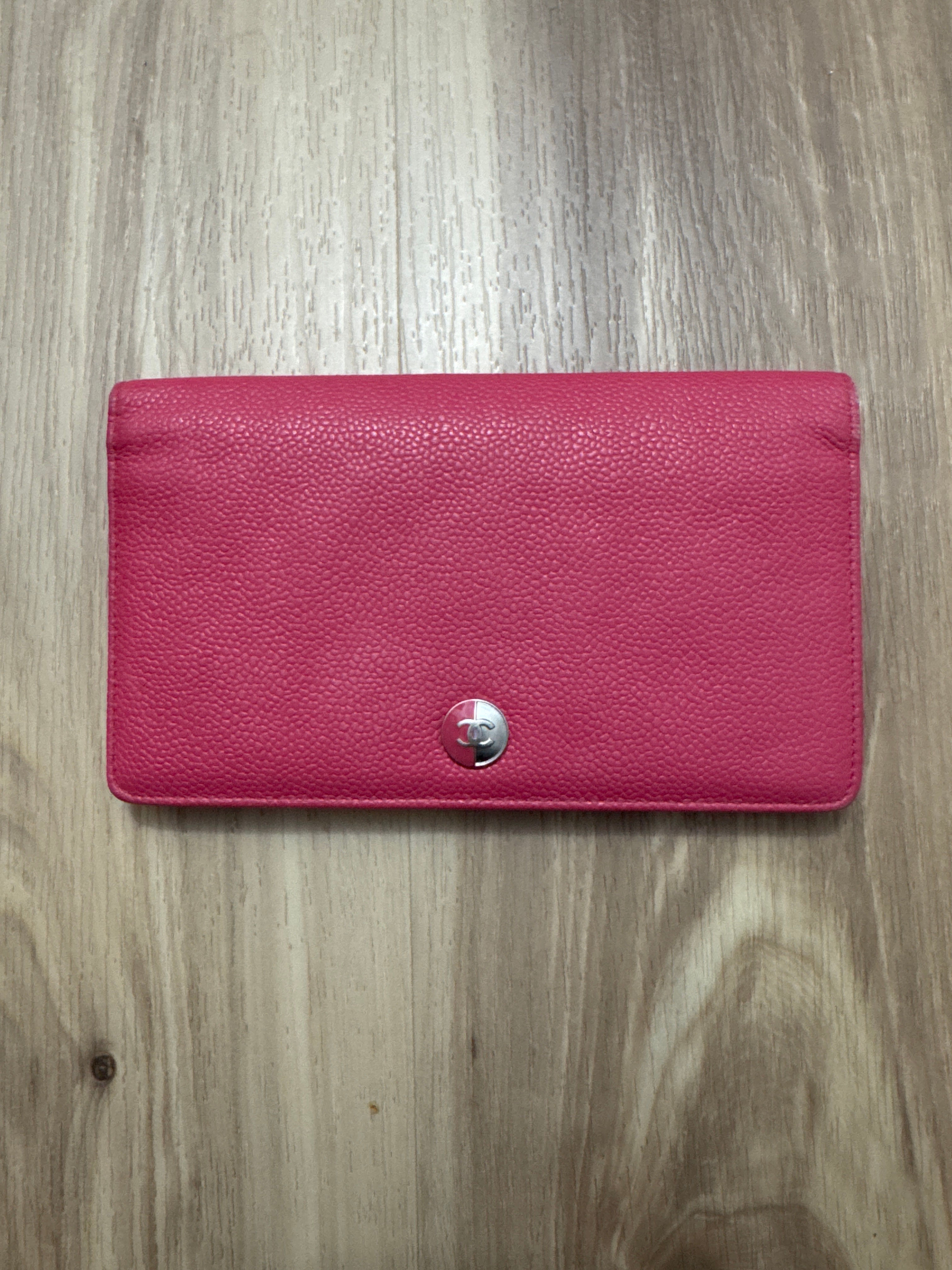 Chanel Coco Button CC Long Bifold Leather Grained Calfskin Pink Wallet