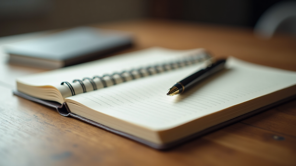 Close-up view of a journal and pen on a wooden table, symbolizing self-reflection and personal growth
