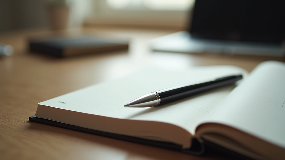 Close-up view of a journal and pen on a wooden table, symbolizing self-reflection