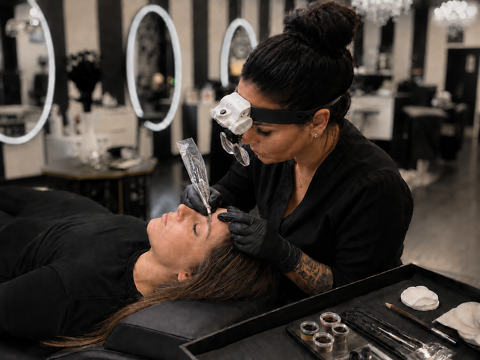 Beautician in black gloves tattoos a reclining woman's eyebrow in a chic salon with lit mirrors.