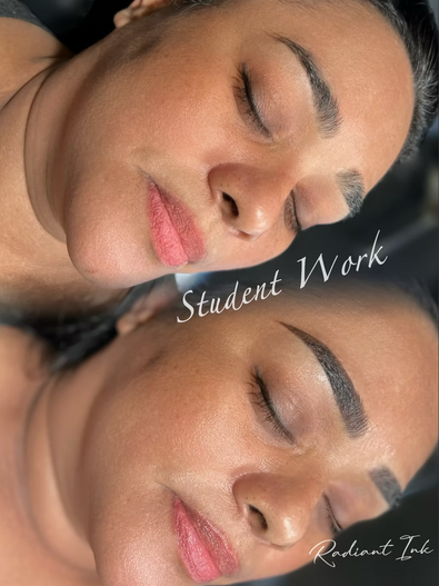 Student’s healed nano brows before and after, done during permanent makeup training at Radiant Ink Studios in Los Angele