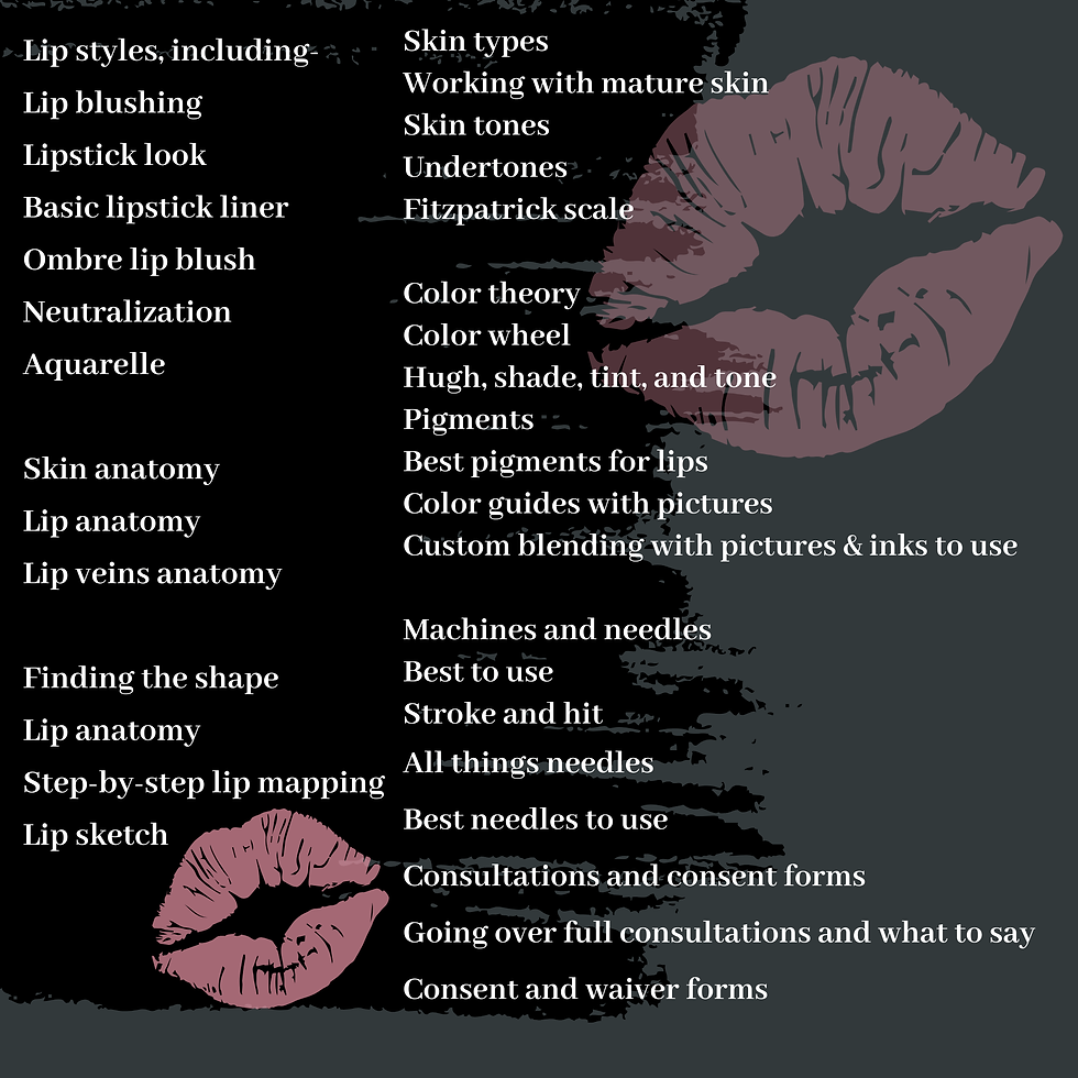 Thumbnail: Detailed list of lip tattoo training subjects including anatomy, color theory, and mapping