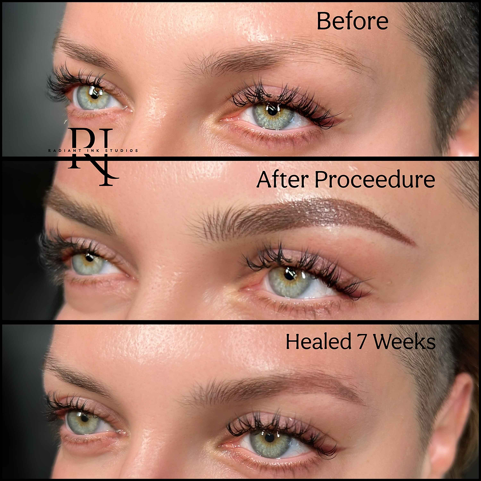 Comparison of eyebrows before, after, and 7 weeks post-procedure. Text reads: Before, After Procedure, Healed 7 Weeks.