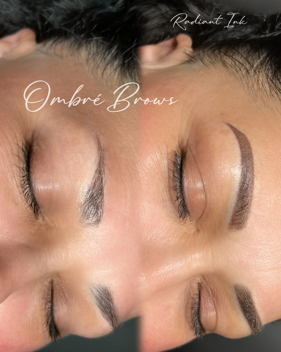 Close-up of a person's face before and after eyebrow tattooing. Text reads "Ombré Brows" and "Radiant Ink." Mood is calm and focused.