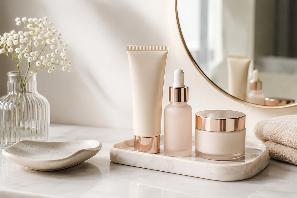 Minimal beige skincare bottles and jar on marble tray beside vase of white flowers, mirror, and folded towel in soft light