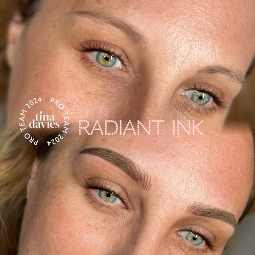 Detailed shot of nano brow strokes on a client's skin, illustrating the precision of the handheld machine used