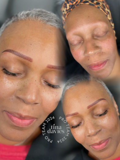 Client with vibrant powder brows achieved through Radiant Ink Studios' technique, Best PMU