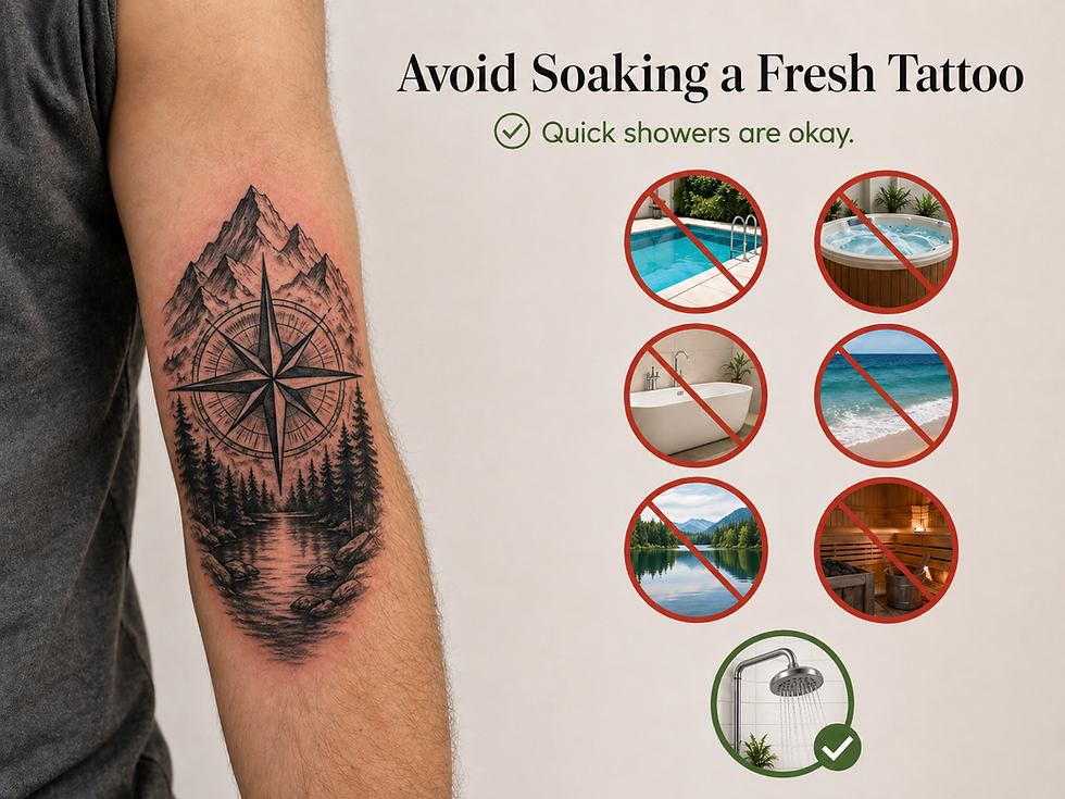 Arm with fresh tattoo of mountains and compass. Text advises against soaking tattoos, with images of pools, tubs, and oceans. Showers okay.