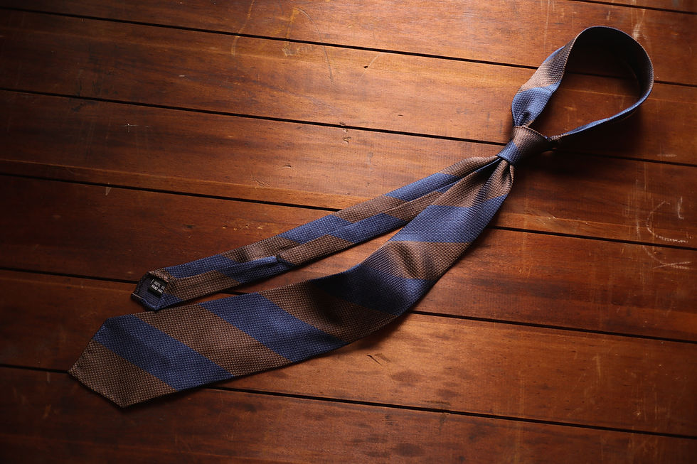 Thumbnail: Navy and Brown Block Stripe Grenadine Silk Tie