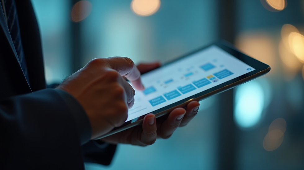 Close-up view of a professional reviewing security protocols on a digital tablet