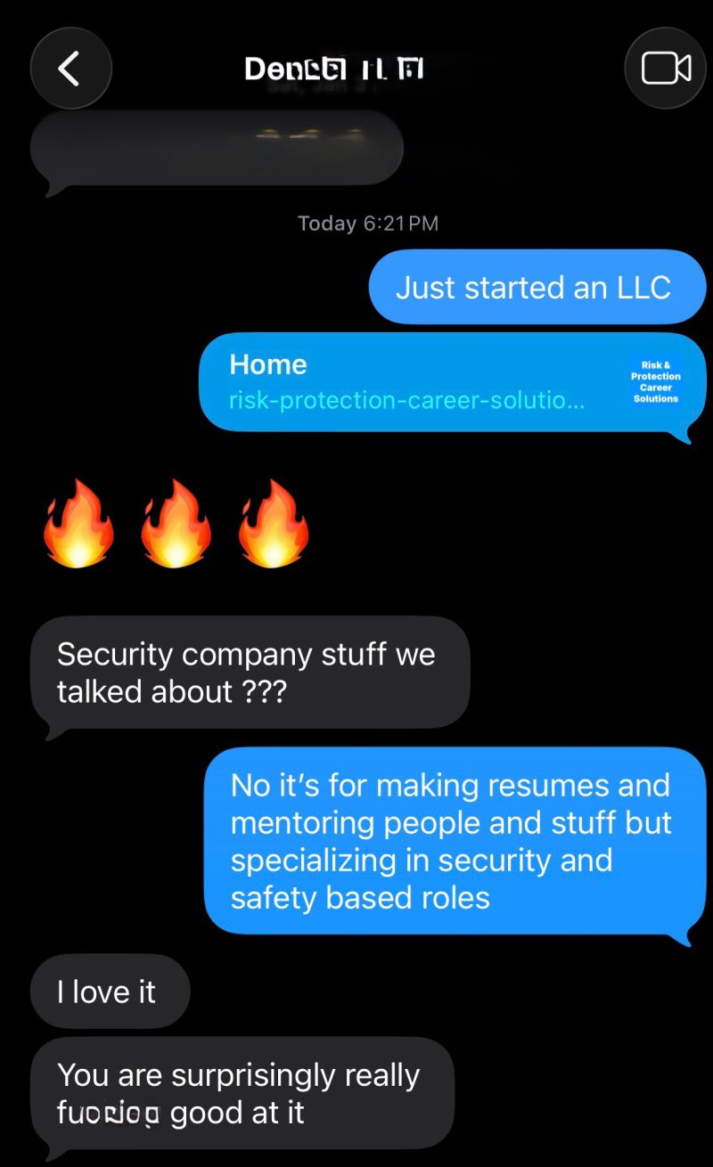Text exchange on a phone app discussing a new LLC for resumes in security roles. Emojis and positive reactions are featured. Black background.
