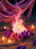 Pinks, purples, rich gold accents, sensual fire, silks, candles. promo flyer, flowers, san