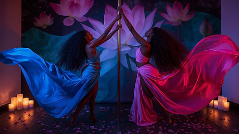 Two black women sacred pole dancers, oracle priestess. flowing gowns, both movement artis