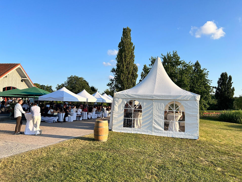 Große Eventbühne mit umfangreicher Licht- und Tontechnik, LED-Wänden und Technik-Crew.