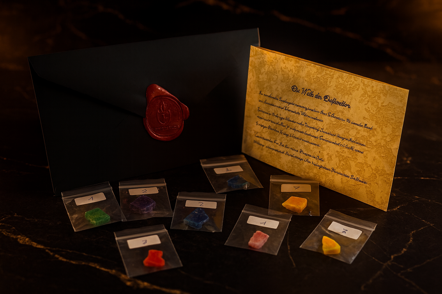 Imperiale Duftprobe – edle Duftkerzen Proben im schwarzen Kuvert mit goldener Versiegelung