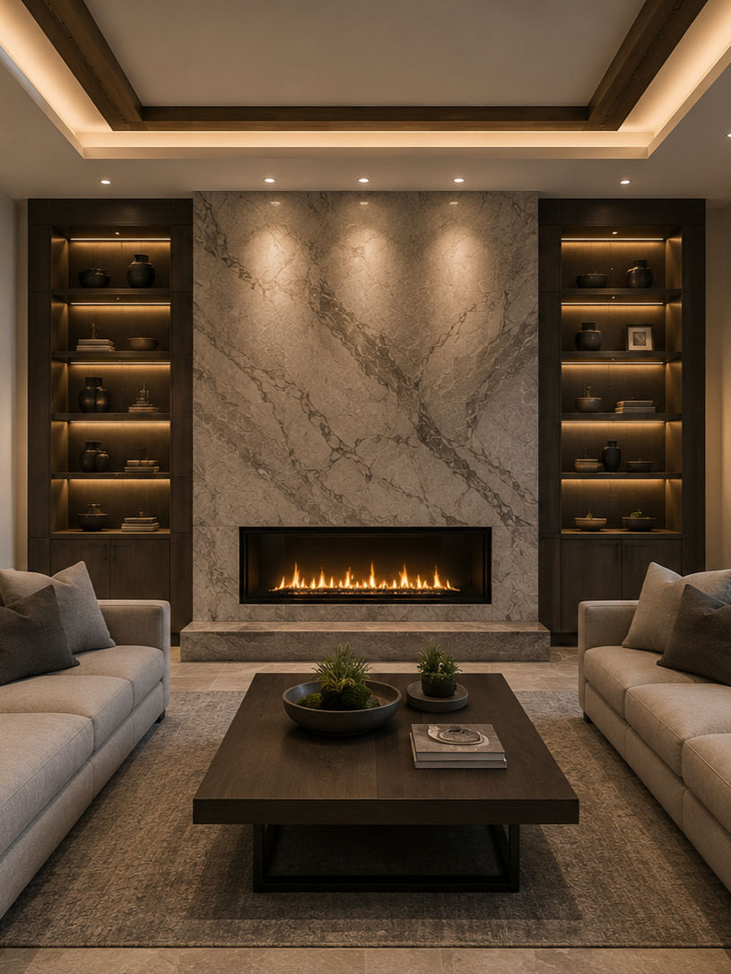 Modern living room with marble fireplace and built-in shelving
