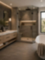 Modern bathroom with glass shower, wooden vanity, and tub.