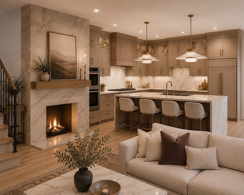 Modern open-concept living room and kitchen with fireplace