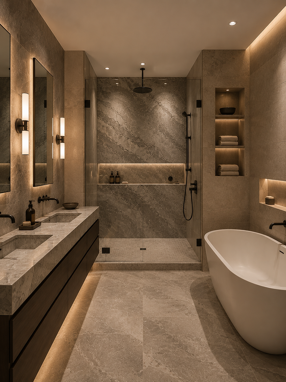 Modern bathroom with walk-in shower, tub, and double vanity