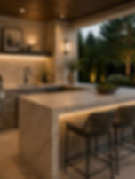 Modern outdoor kitchen with lit marble bar and seating