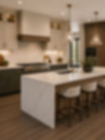 Modern kitchen with waterfall island and bar stools