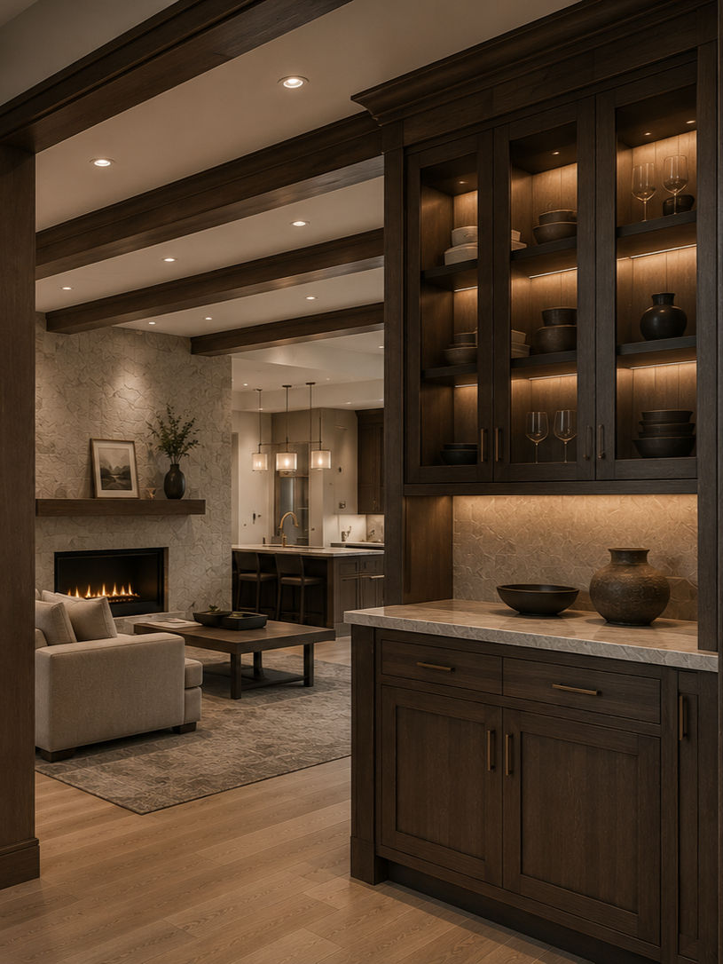 Modern home interior with wood cabinetry and ceiling beams