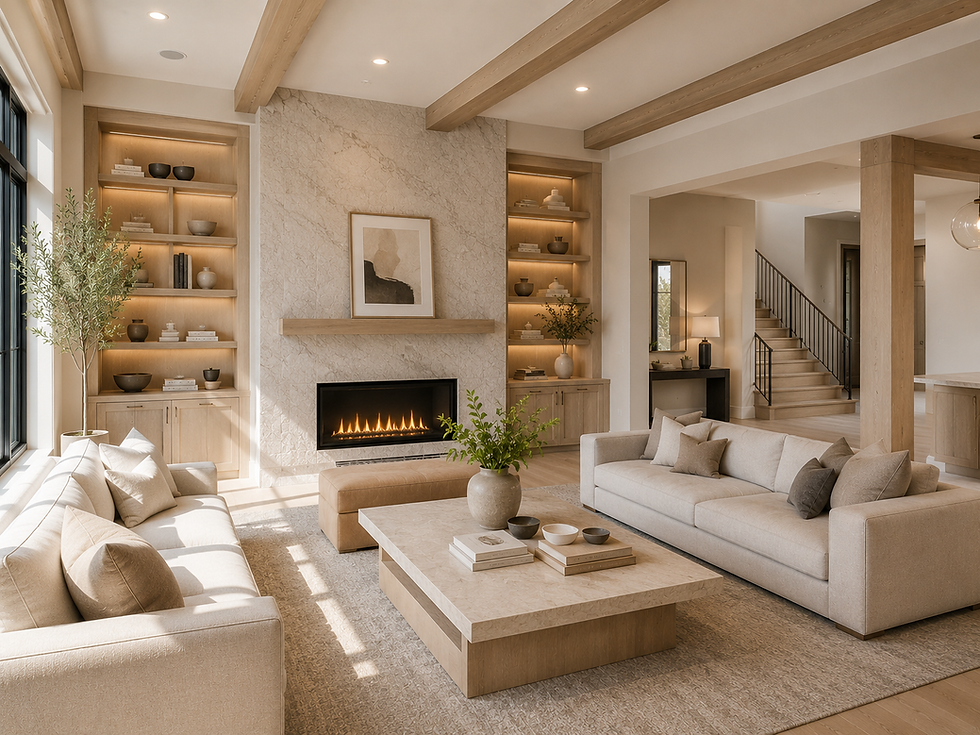 Modern living room with fireplace and beige sofas